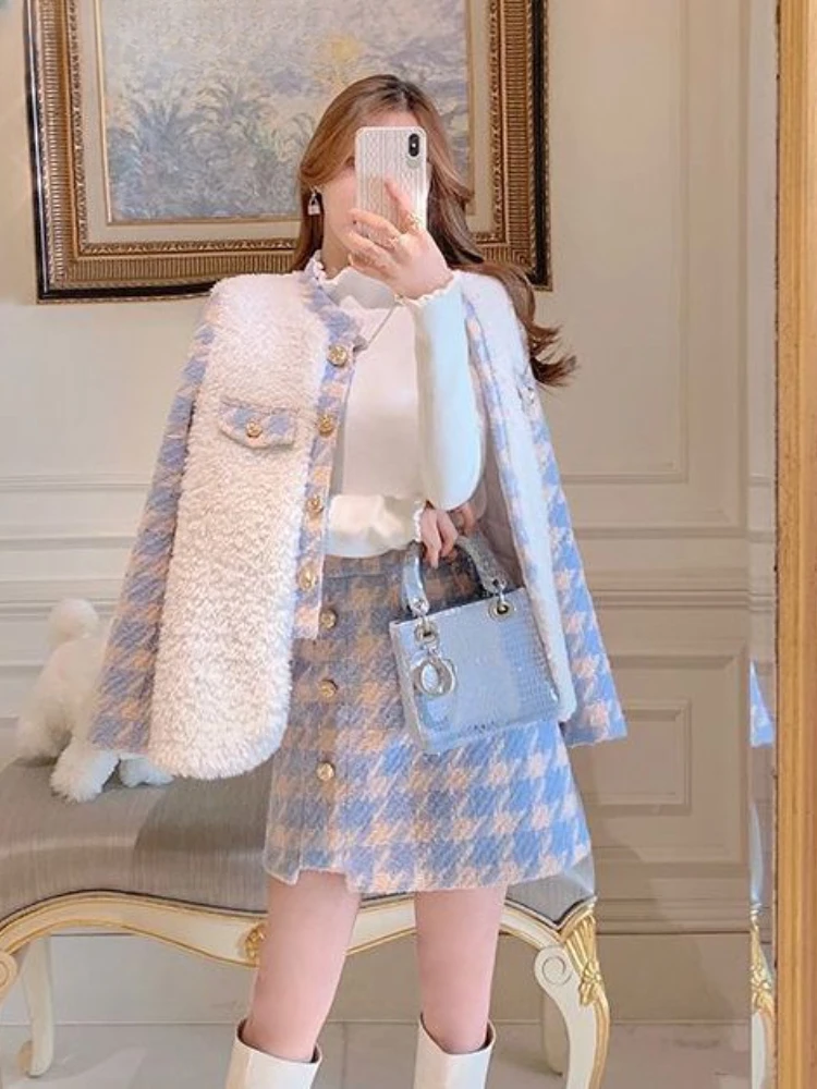 Two Piece Set for Women Skirt Coat Autumer Winter Elegant Korean Women's Sets To Dress Lamb Hair Plaid High Waist Hip Wrap Skirt lamb fleece hoodie new suit middle aged dad sportswear loose men old winter thick warm coat