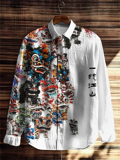 New Men's Linen Long Sleeve Shirt Button Casual Shirt 3D Octopus Flower Print Long Sleeve Fashion Comfort Top 1