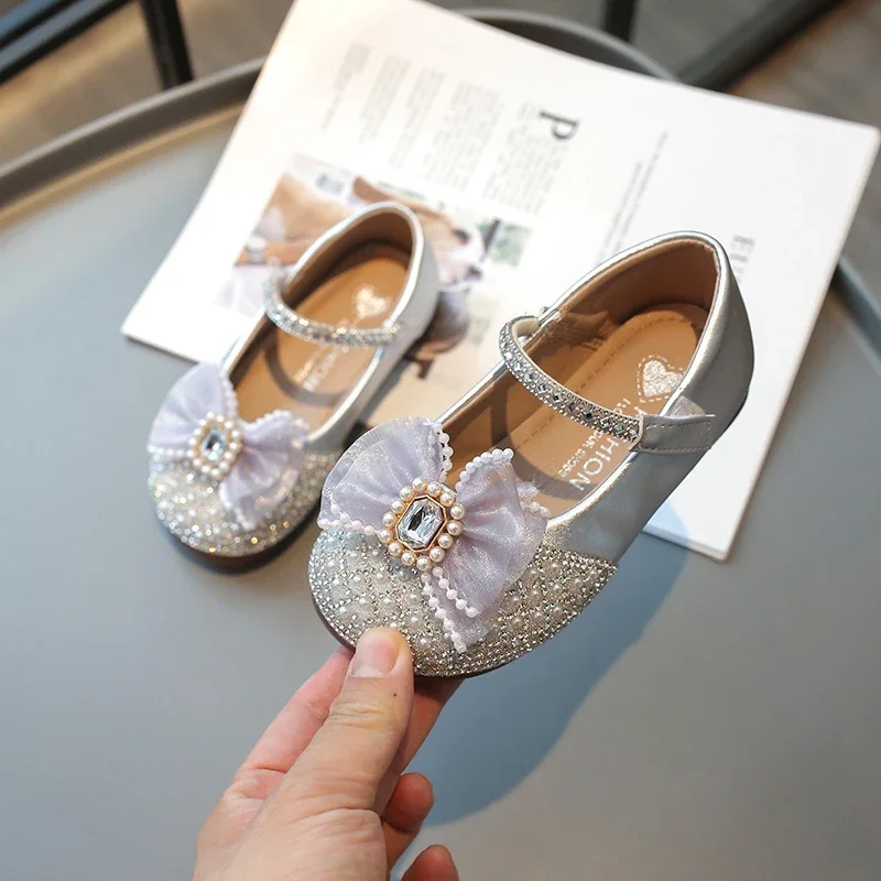 Kids Leather Shoe Spring Autumn Versatile Girl Princess Shoes Fashion Sweet Bowtie Children Causal Rhinestone Dance Flat Shoes