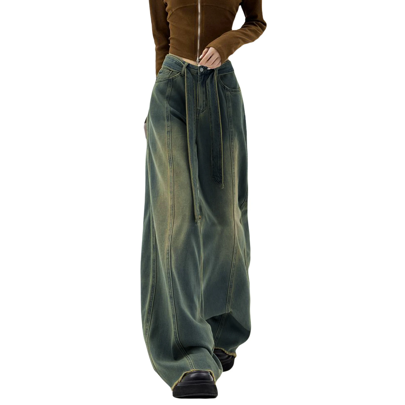 

Women's Spring Summer Casual Denim Pants Retro High Waist Wide Leg Jeans with Belt