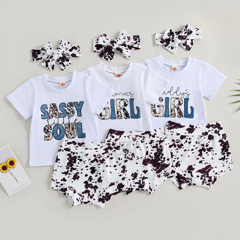 

2023-05-12 Lioraitiin 0-24M Infant Baby Girls 3Pcs Shorts Set Short Sleeve Letters T-shirt Spots Print Shorts Hairband