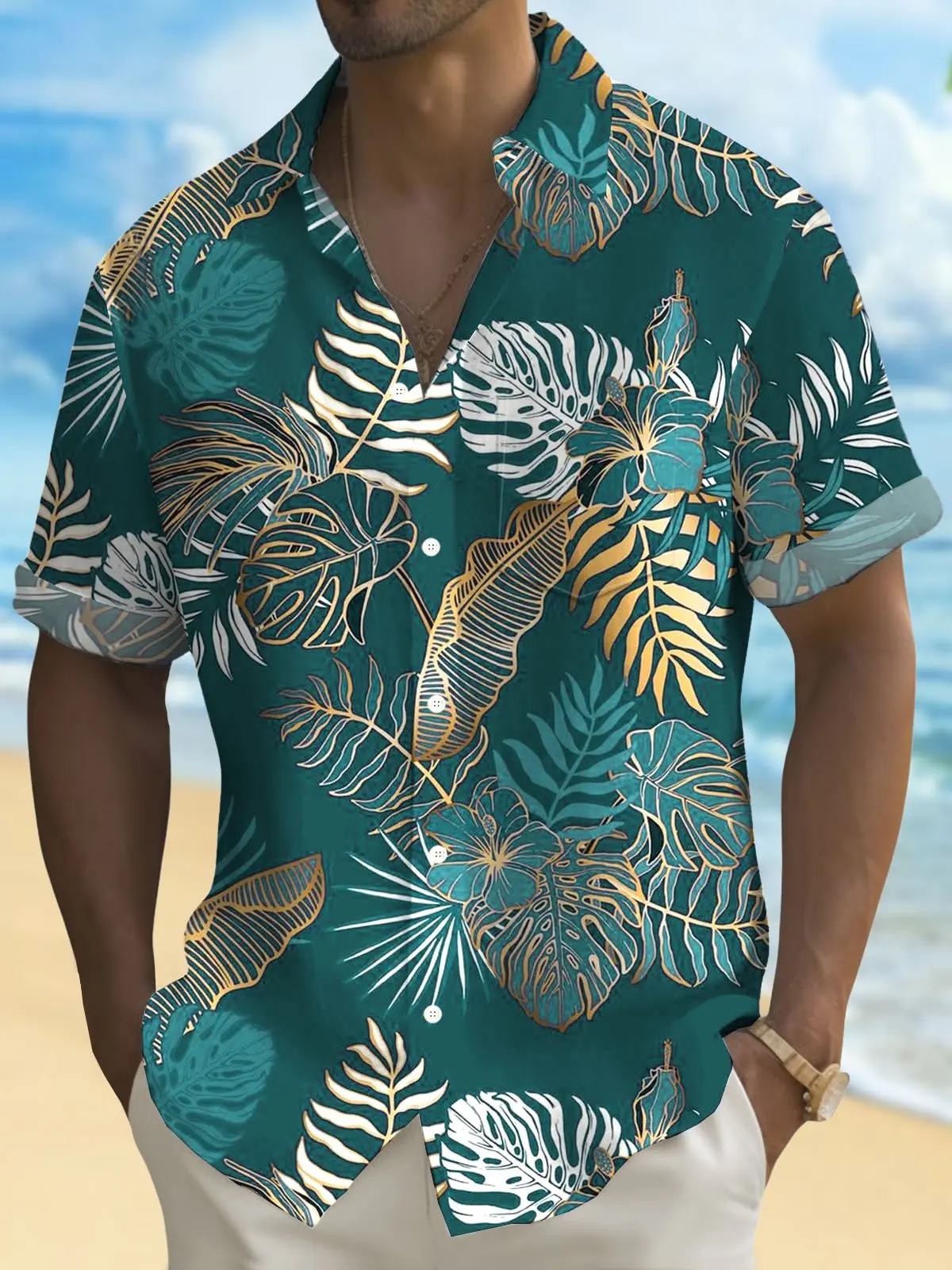 Hawaiian Plant Golden Leaves 3D Print Men's hawaiian Shirt 5