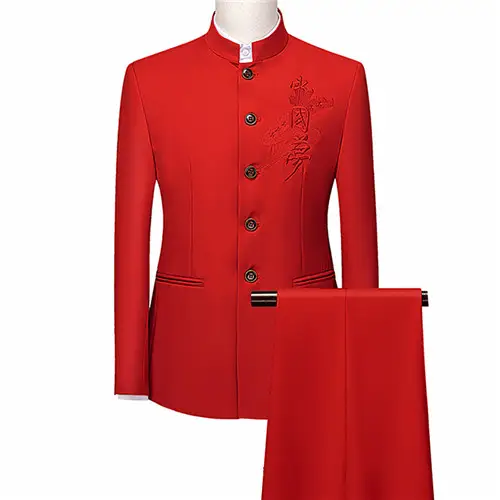 Men's White Single Breasted Stand Up Collar Suit 2-Piece, Chinese Style Red Slim-Fit Blazer Coat and Pants, Black, Blue, Yellow. - Image 6