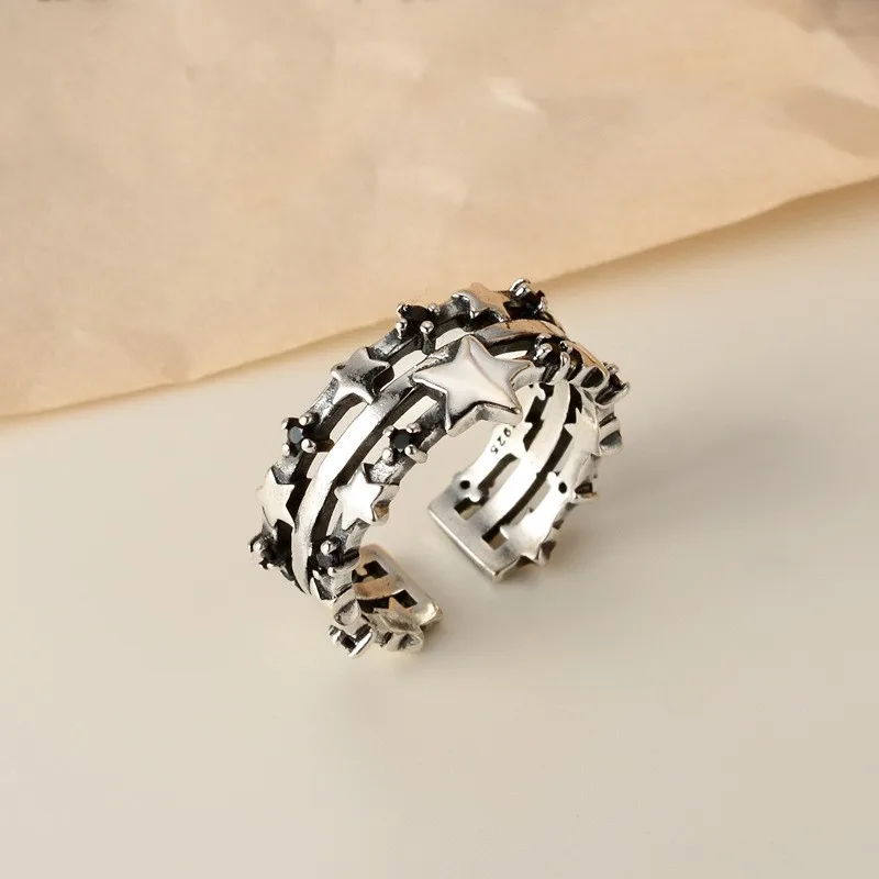 

J1027 ZFSILVER Resizable Silver S925 Trendy Fashion Star Starburst Adjustable Rings For Women Girls Korean Wedding Party Jewelry