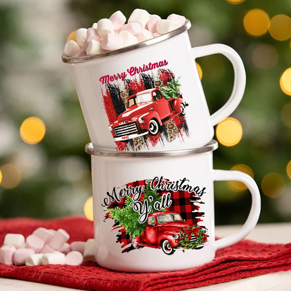 

Truck christmas tree printed coffee mugs enamel white drink mug handle beer cups party table decoration gifts for family friends