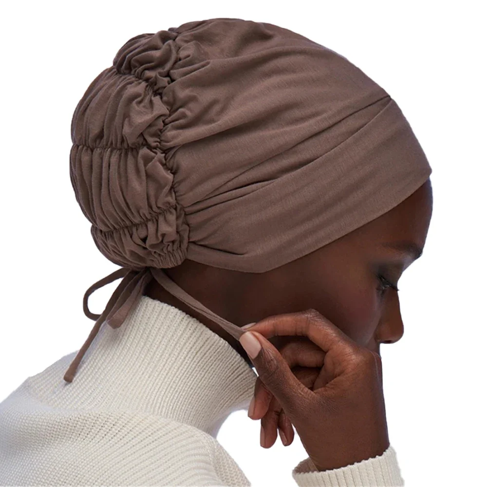 Turban Caps Tie Strap Lining Satin Silk Fashion Muslim Women Hijab Underscarf Caps Soft Cotton Head Wrap Islamic Arab Headscarf 2