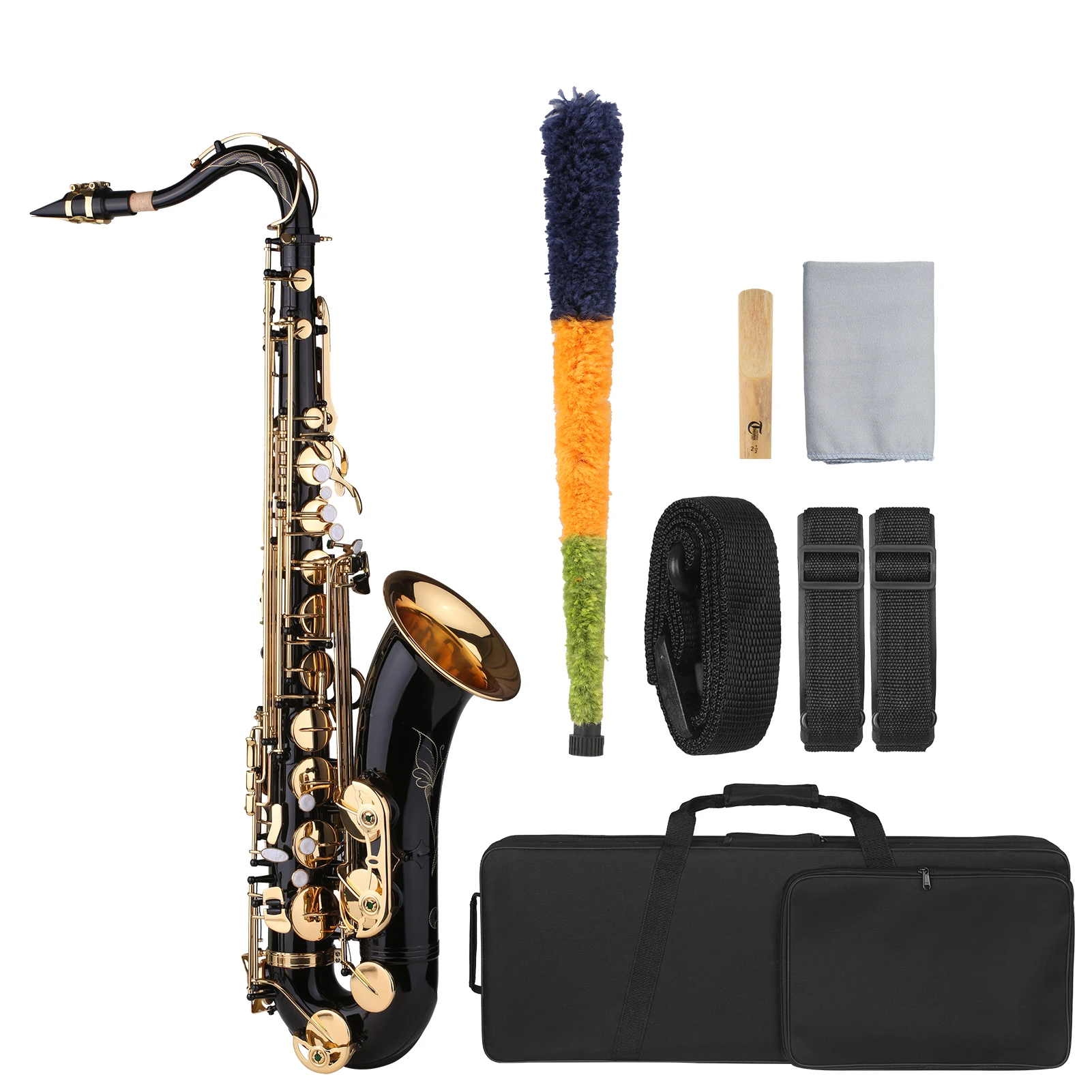B-flat Tenor Saxophone Bb Black Lacquer Sax with Instrument Case Mouthpiece Reed Neck Strap Cleaning Cloth Brush for Beginners