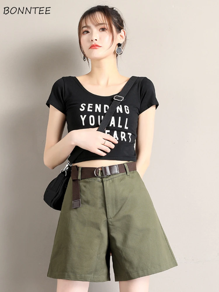 

Solid Cargo Shorts Women Summer A-line Sashes Design Pockets Zipper Single Button High Waist Loose Slim All-match Retro Fashion