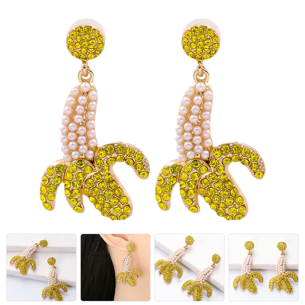 

1 Pair Lovely Fruit Earrings Rhinestones Stud Earrings Fun Banana Earrings