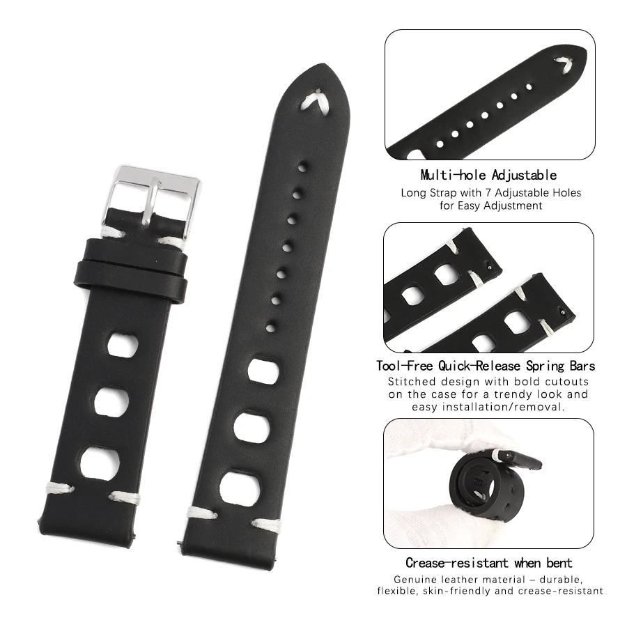 Vintage Genuine Leather Racing Watch Band with Quick Release and Breathable Design, Handmade Stitching