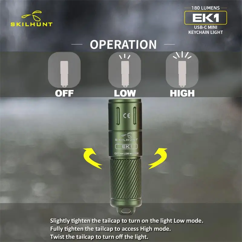 SKILHUNT EDC ̴ Űü USB-C  LED ,  ġ, ߿  ķ ŷ ̵, 180  EK1