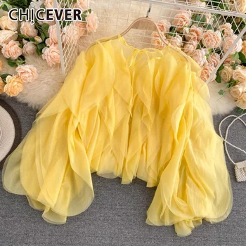 CHICEVER-우아한 여성 셔츠, O 넥 랜턴 긴 소매 비대칭 패치 워크 프릴 메쉬 플러스 사이즈 블라우스 여성 2023