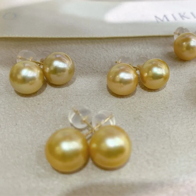 Classic Simple 11-12mm Golden Pearl Earrings for Women Round Sea Pearl Fashion Party Wedding Jewelry