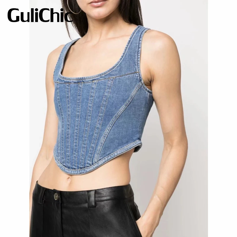 

9.23 GuliChic Women Fashion Square Collar Sleeveless Cotton Denim Short Tank Top