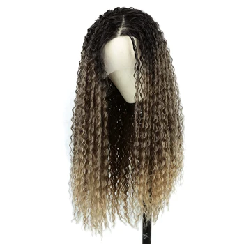ALIBABY Synthetic Lace Front Wig Long Wavy 28 Inch Cosplay Curly Side Part Lace Wig For Women Ombre Blonde Wig Daily Party