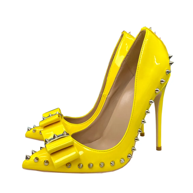 Yellow Bow Rivets Pumps Women Sexy Punk 