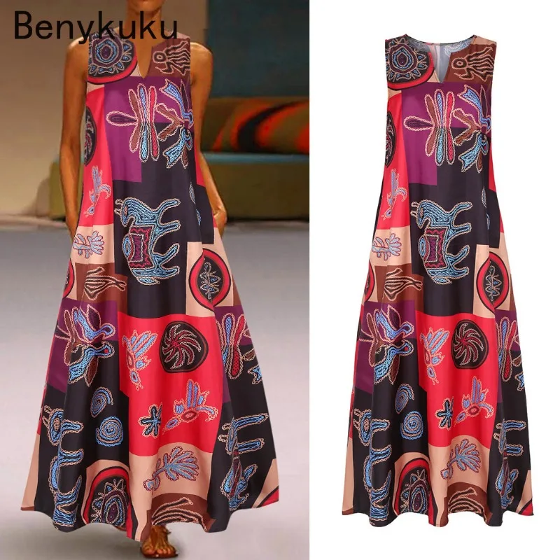 Color Block Patchwork Printed Long Maxi Boho Dress Women V-neck Sleeveless Pocket Kaftan Big size 5XLSummer Retro Bohemian Dress