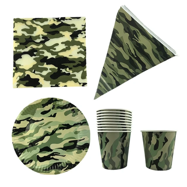 Décoration de fête à thème militaire de l'armée, vaisselle en papier  Camouflage, tasse, assiette, fanion de serviette, fournitures de fête  prénatale anniversaire garçon - AliExpress