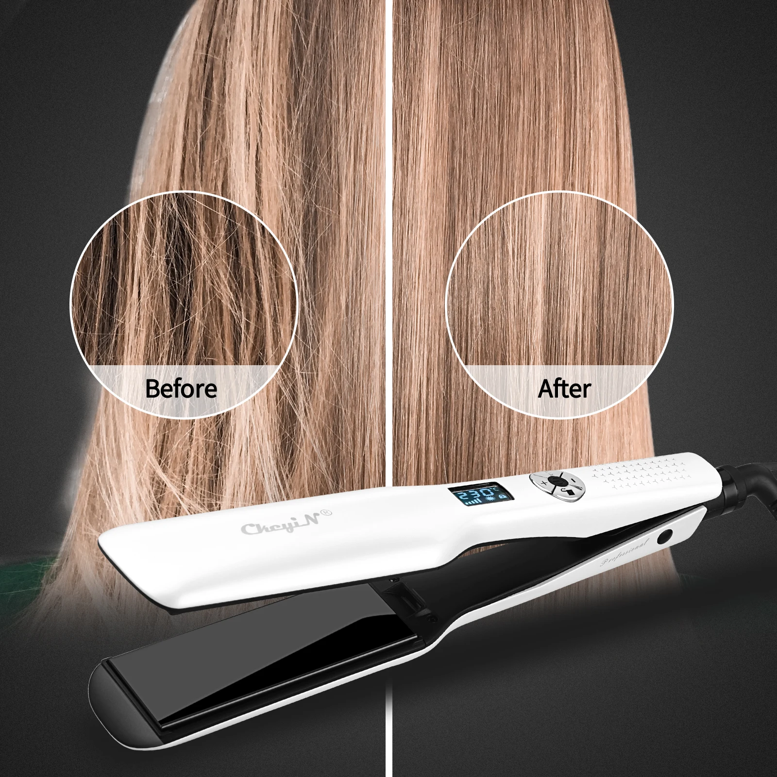 CkeyiN 44mm Tourmaline Ceramic Hair Straightener LCD Display Fast Heating Flat Iron Adjustable Temperature Straightening Iron 6