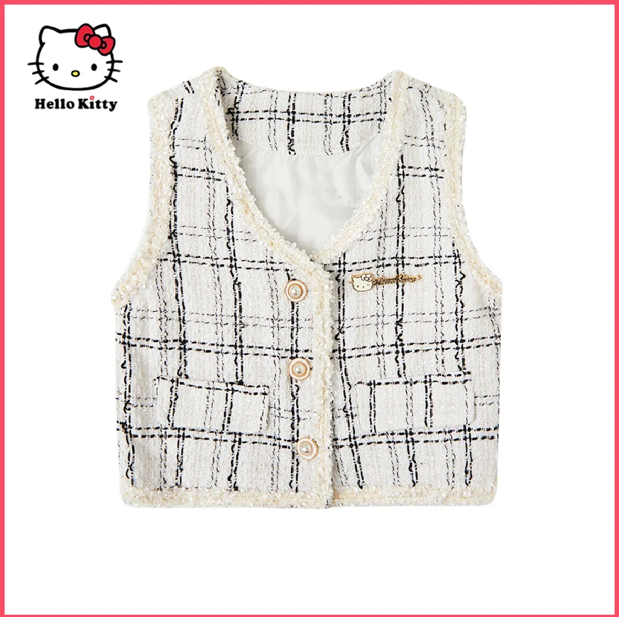 

Vest Tweed Sanrio Hello Kitty2024 New Girls Spring and Fall Small Fragrant Wind Sanrio Undershirt Tweed Cardigan KT Brooch