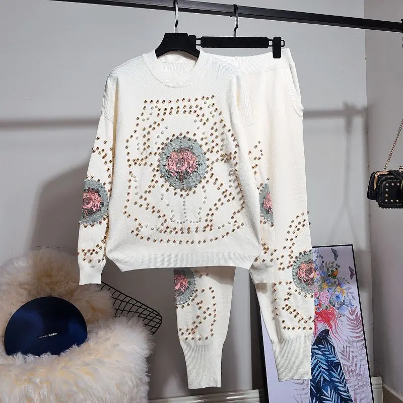 Spring Autumn Women Knitting Suits Trendy Beading Cross Stitch Pullover Sweater Top + Loose Casual Harem Pants White Knit Sets