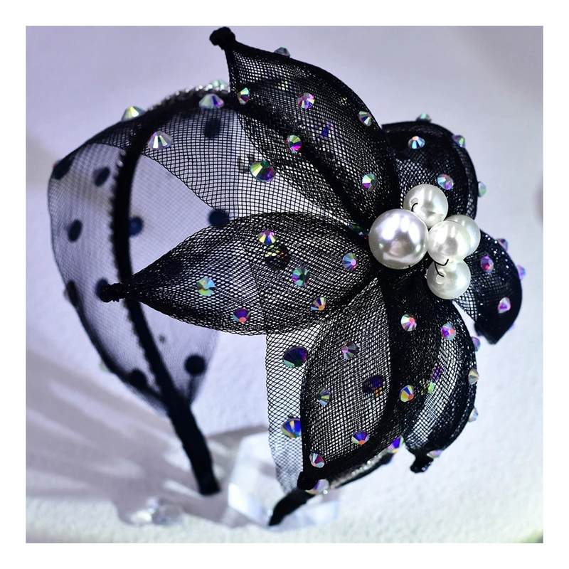 ハナまゆげ HNYYX Vintage Black Flower Hair Accessory Pearl Headband