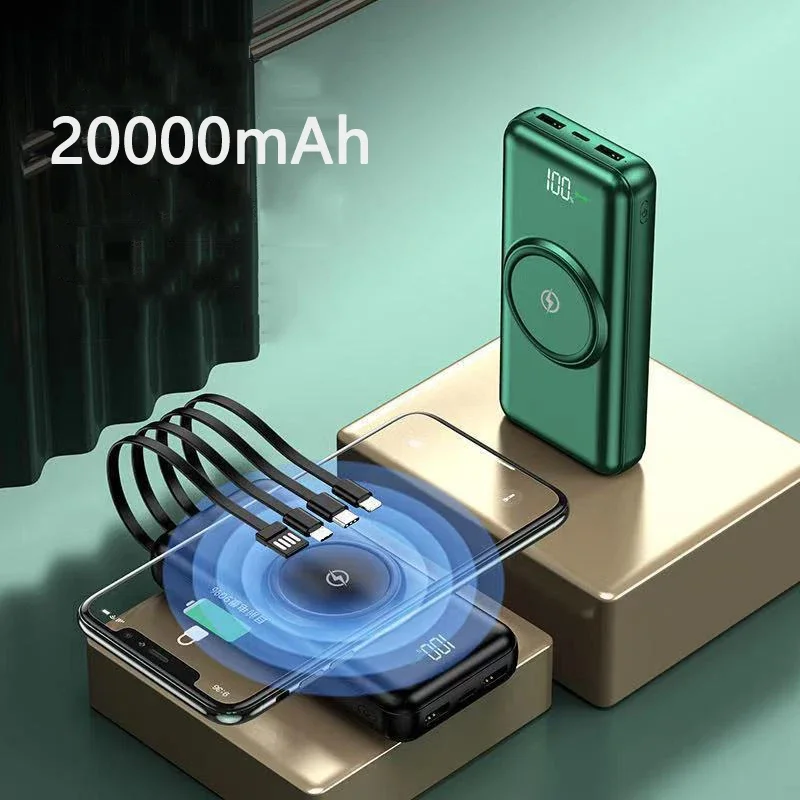 Qi Wireless Charger Power Bank 20000Mah Cavo Integrato Batteria Portatile Per Iphone 14 13 12 Xiaomi Huawei Samsung Powerbank