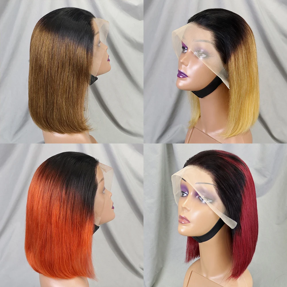 200% Density Bob Straight Human Hair 13x4 Transparent Lace Frontal Human Hair Wigs 100% Human Hair Ginger 99J Colored Wig