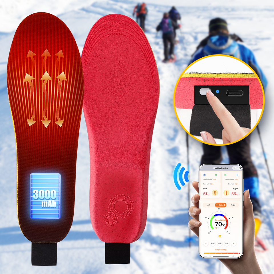 Electric Heated Insoles Anti Stress 40-70 °C Safe Foot Warming Pad APP-Controlled Cut-to-Fit for Winter Outdoor Camping Skiing