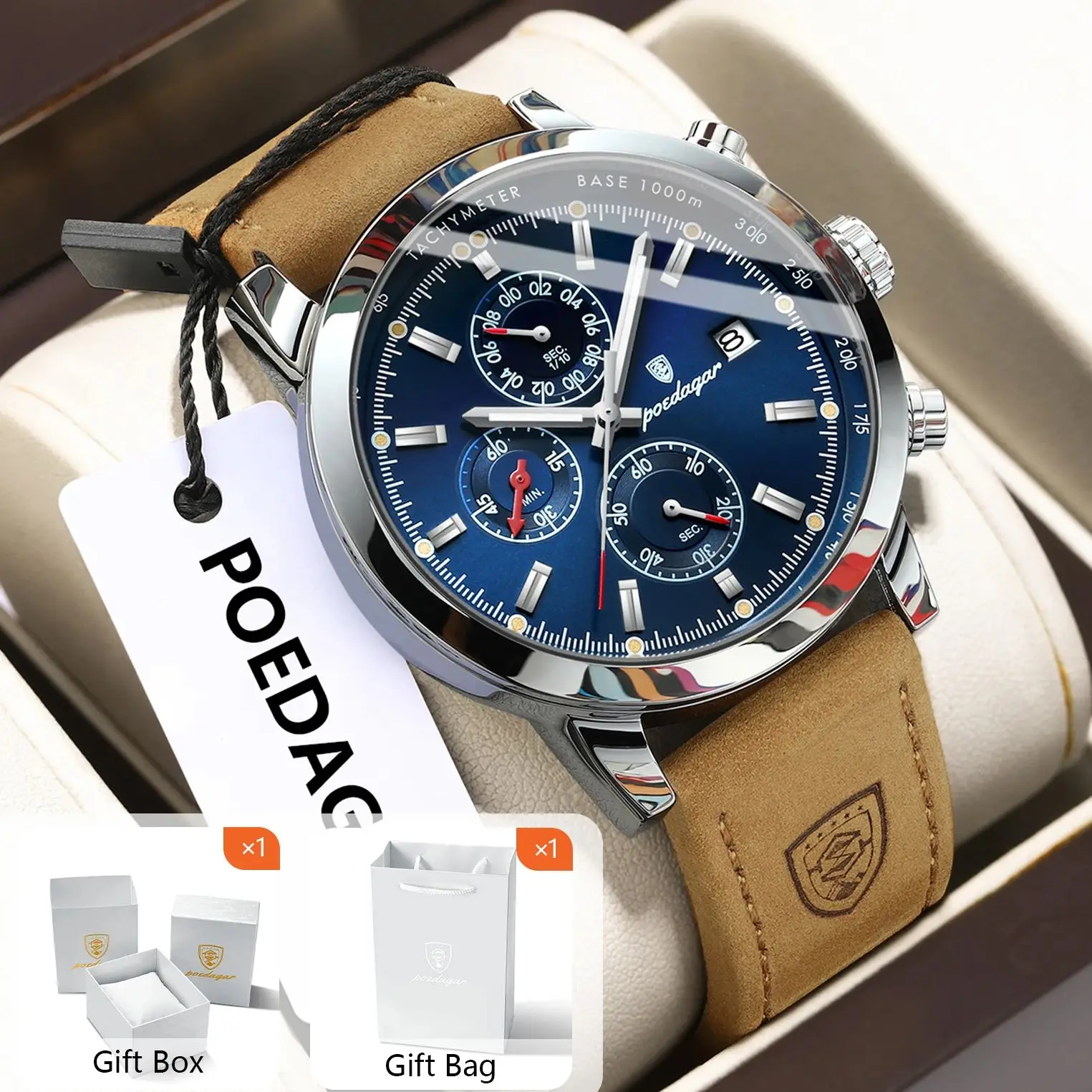 POEDAGAR Funktionale Herren-Armbanduhr mit Datum, wasserdicht, leuchtend, Chronograph, Leder, Quarz, Militäruhr + Geschenkbox_voghion.com