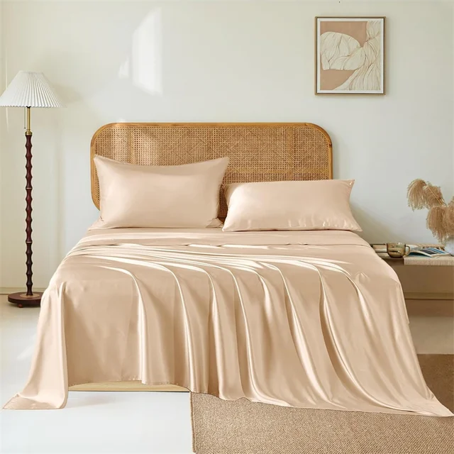 Set di lenzuola in seta di gelso 4/6 pezzi Set di biancheria da letto setosa Lenzuolo con angoli di lusso Lenzuola piatte Federa Letto singolo matrimoniale King Queen 2
