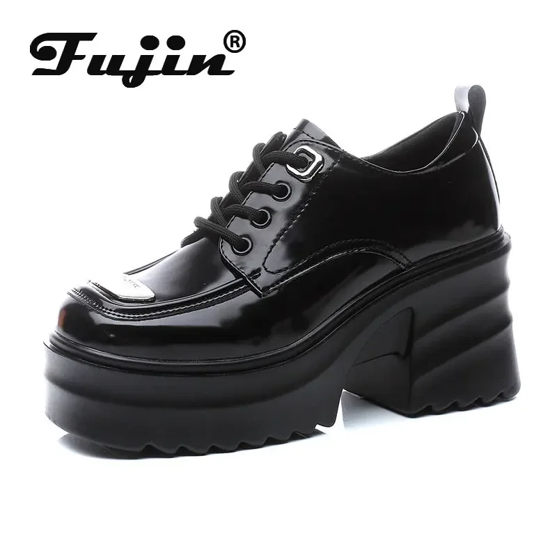 

Fujin 9cm New Patent Leather Synthetic Chunky Hight Heels Platform Women Casual Square Heel Females Lace Up Summer Fashion Shoes