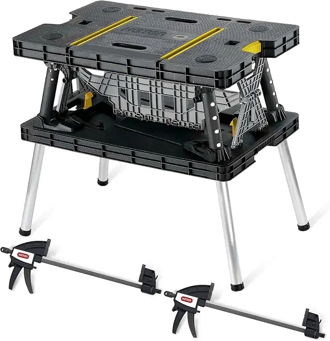ショップ - 頑丈で全天候型の折りたたみ式作業台、ガレージ/木材用12インチクランプ付きポータブルワークベンチ