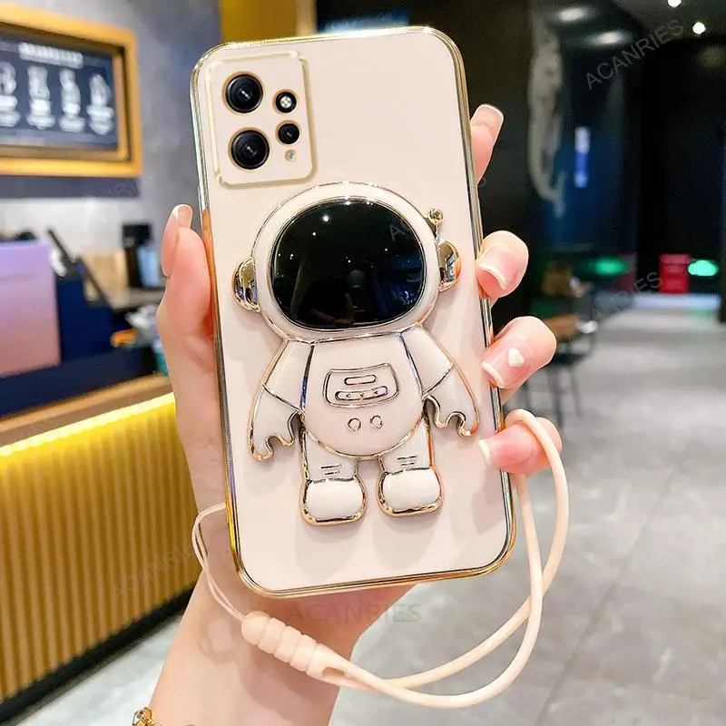 Note12 Astronauta Titolare Custodia in placcatura per Xiaomi Redmi Nota 12 11 10 9 Pro 12s 11s 4g 5g 12c 12pro Lanyard Stand Cover_voghion.com