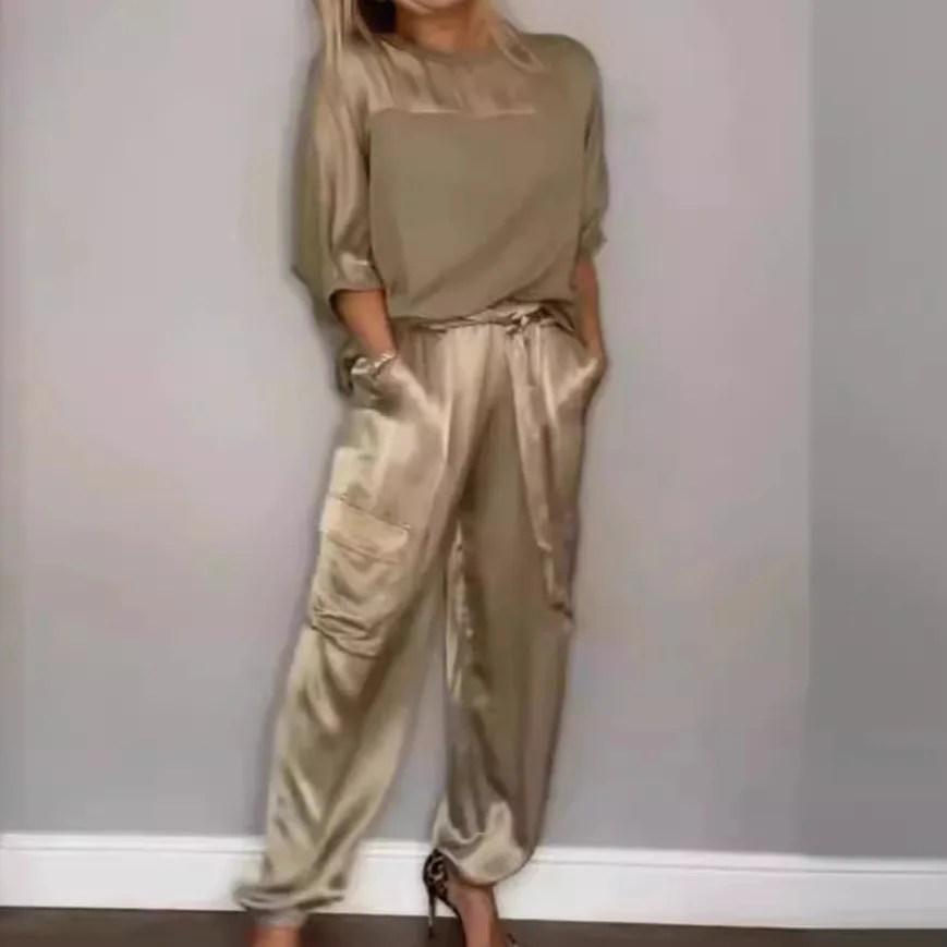 Women Casual Satin Ribbon Pullover Shirt Tops Harem Pant Suits