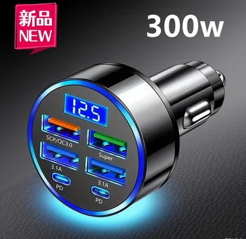 Caricabatteria da auto da 300 W a 6 porte Ricarica rapida QC3.0 6 in 1 4USB 2PD con display di tensione per iPhone OPPO Samsung Huawei Adattatore