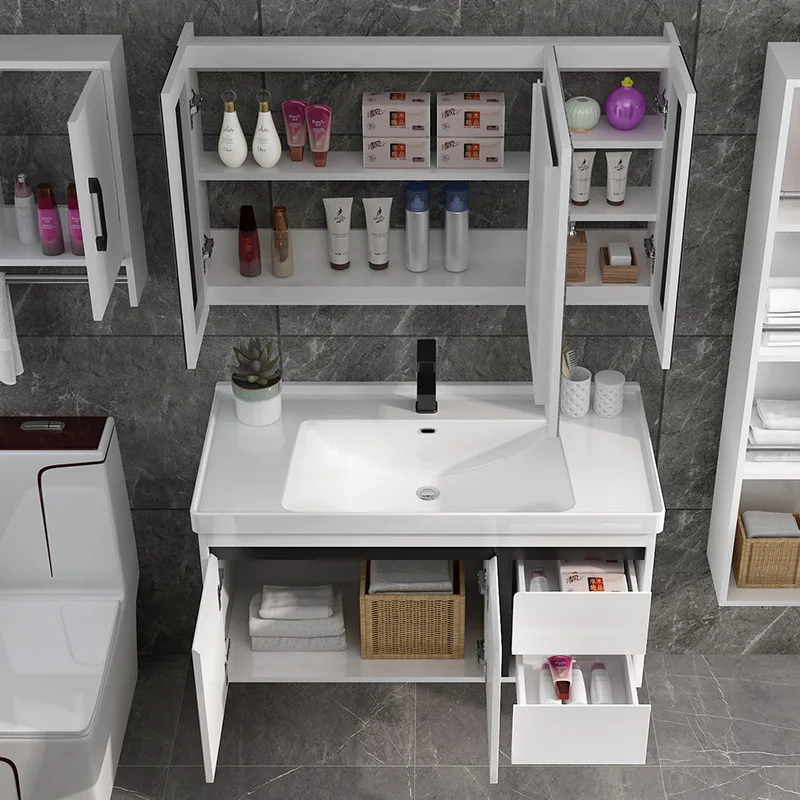 European White Modern Mirror Cabinet Vanity Toilet Furniture Bathroom Cabinet With Ceramic Wash Sink