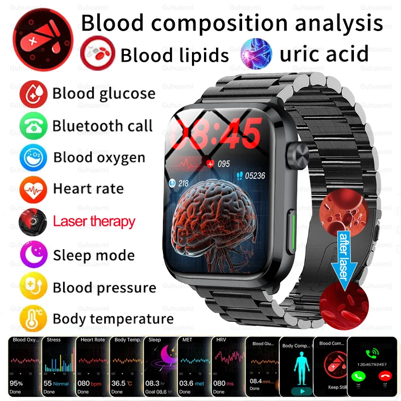 2024 New Medical Grade Laser Therapy Health Smart Watch Men Blood Glucomb Blood Lipid Temperatura Corporea Bluetooth Call Smartwatch