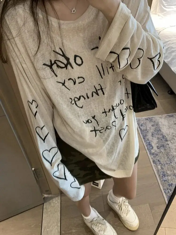 

Deeptown Kawaii Oversized T Shirts Women Harajuku Kpop Letter Print Sunscreen Tees Korean Long Sleeve Thin Y2K Tops Retro Grunge