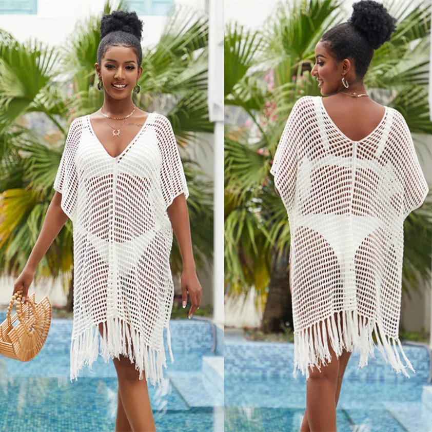 

White Tassel Crochet Loose Bikini Cover-ups Batwing Sleeve Summer Women Summer Clothes Beach Wear Swim Suit Cover Up