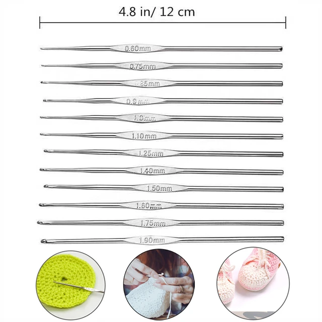 12 Steel Crochet Hooks Set 0.6 mm to 1.9 mm for Sweater Scarf Clothing  Knitting