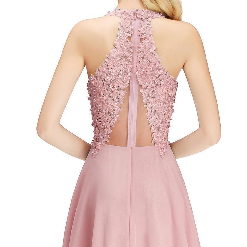 Eleganti perle decorate abiti da Cocktail in pizzo rosa polveroso illusione Sexy increspato una linea abiti da ballo per feste formali in Chiffon Vestidos