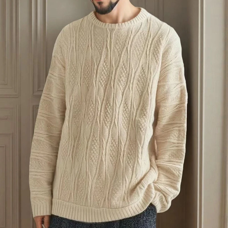 Primavera Autunno Nuovi maglioni casual Moda uomo girocollo manica lunga maglione lavorato a maglia Trendy Twist Textured Crochet Jumper Top 4