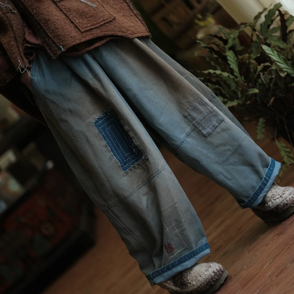 Johnature Women Vintage Patchwork Denim Wide Leg Pants Elastic Waist Loose Spring Trousers 2025 New Casual Long Pants