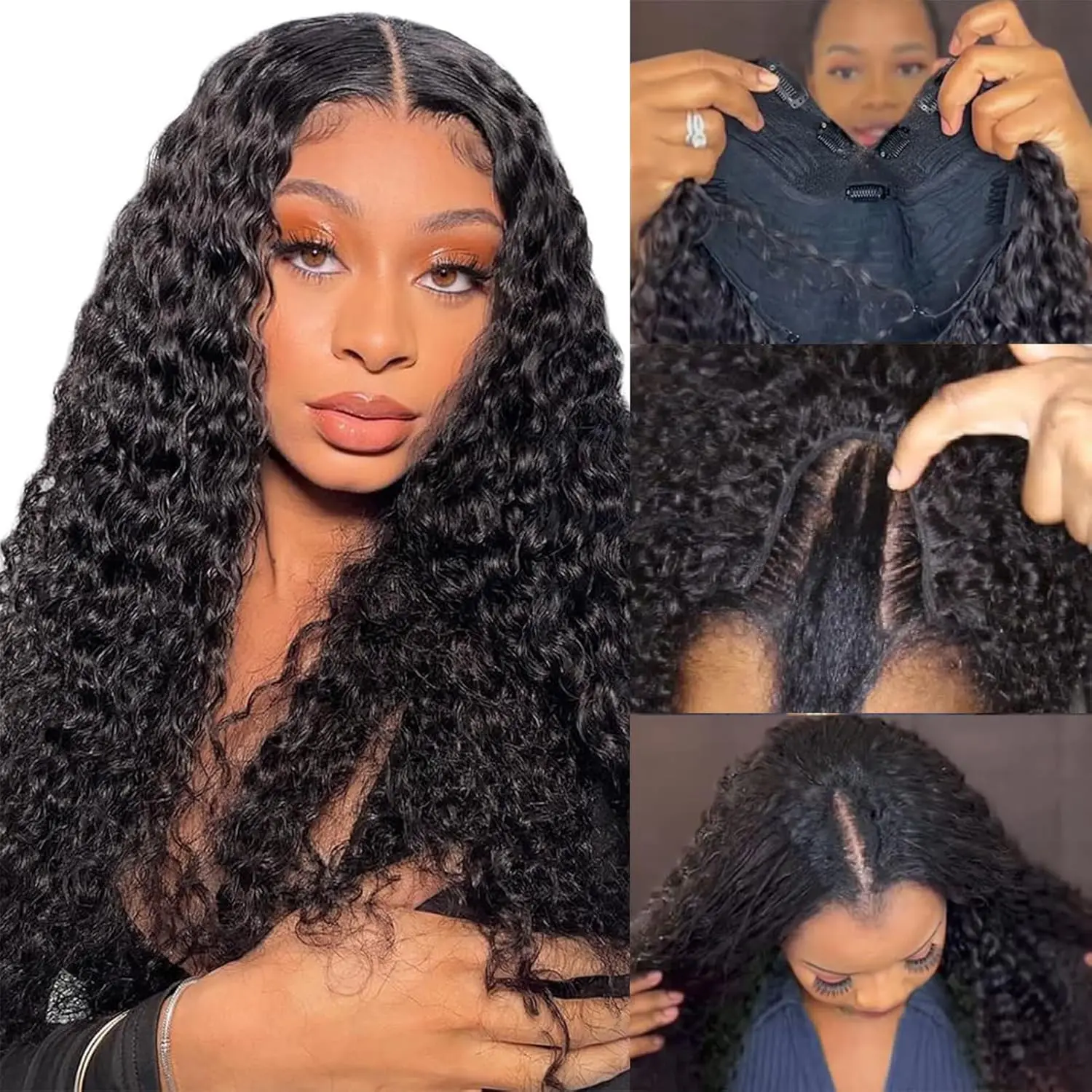 Deep Wave V Part Wig Human Hair 180 Density Natural Color Curly Wig Brazilian Human Hair for Women Water Wave V Part Wig 40 Inch 5