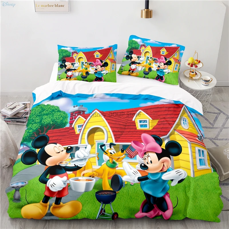 Cute Mickey Mouse Bedding Set Disney Minnie Mouse Duvet Cover Pillowcases Double Twin Full Queen King Child Kids Bedclothes Home 