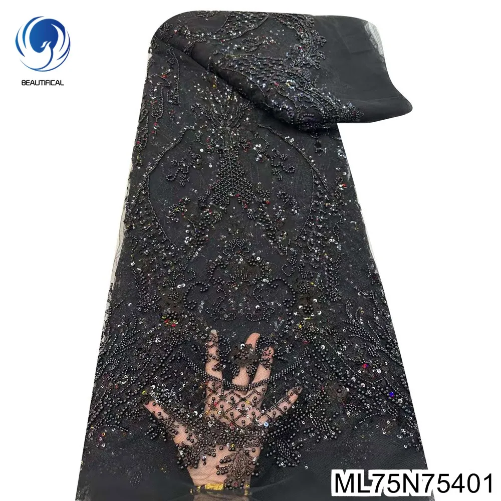

African Sequins Fabric with French Handmade Bead Embellish, Classical Lace, Big Occasion Dress, ML75N754