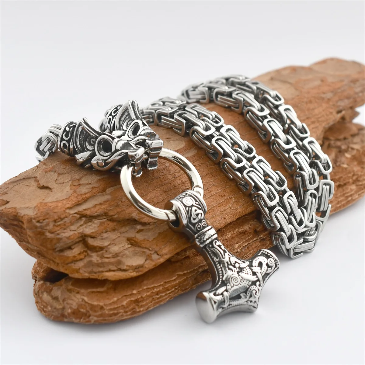 Men's Viking New Wolf Head King Chain Necklace Nordic Stainless Steel Thor's Hammer Pendant Amulet Necklace