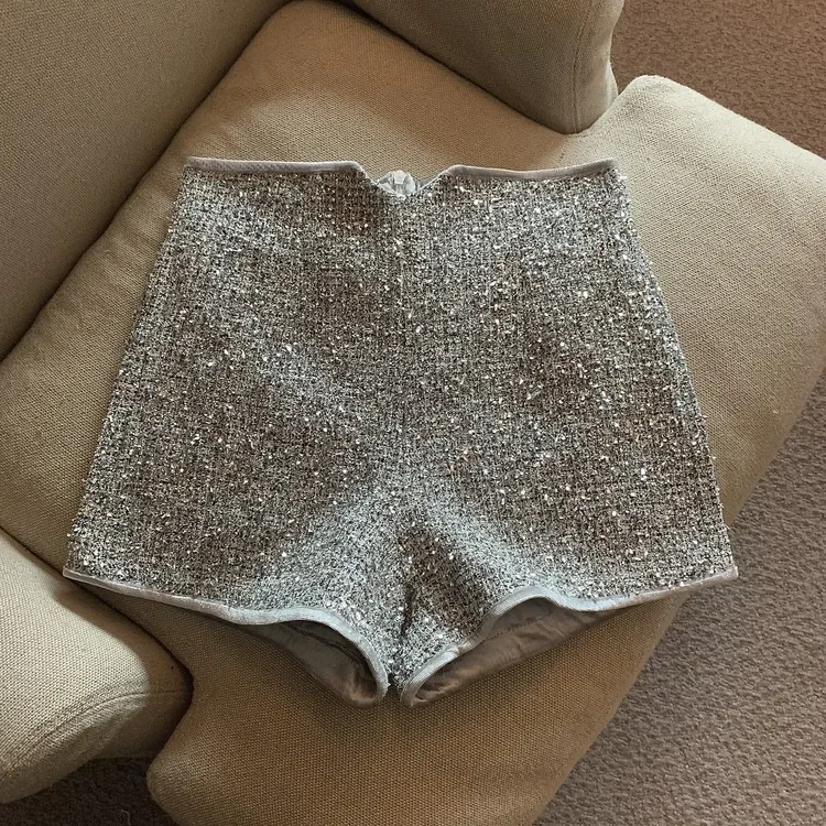 Shorts for Women Sexy High Waist Silver Sequins Short Mujer Y2k Straight Wide Leg Casual Cargo Pantalones Cortos De