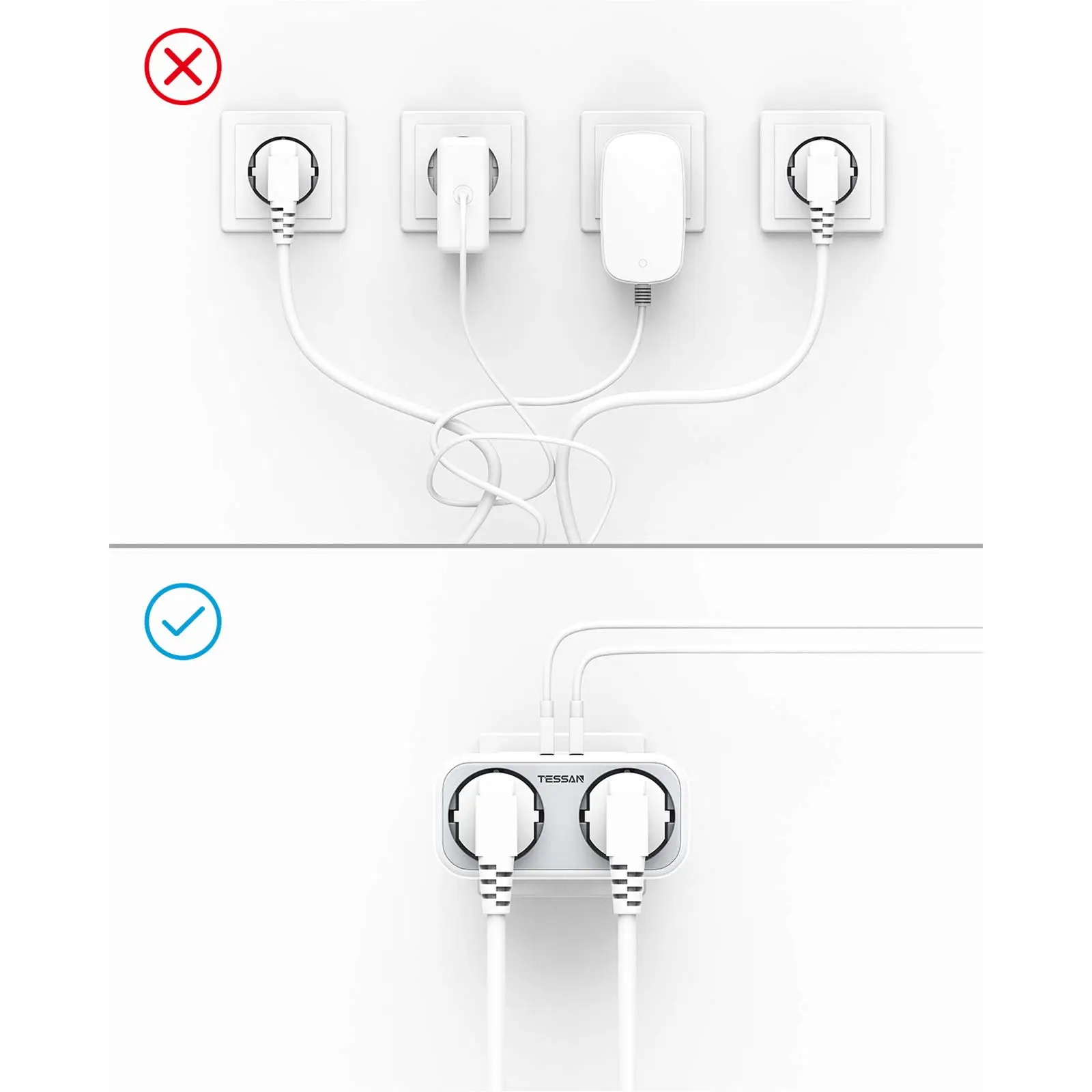 TESSAN Gray/White/Black EU Socket Adapter with 2 AC Outlets and 2 USB Ports Wall Power Strip 110~230V Overload Protection Power Strip Plug Adapter